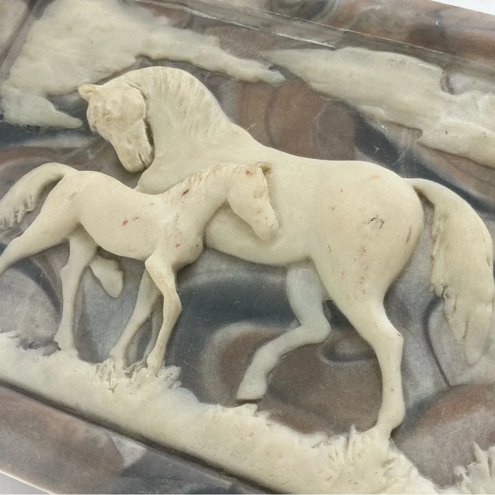 Incolay Stone Jewelry Box Vintage Dante Carved USA Made Horses American Walnut